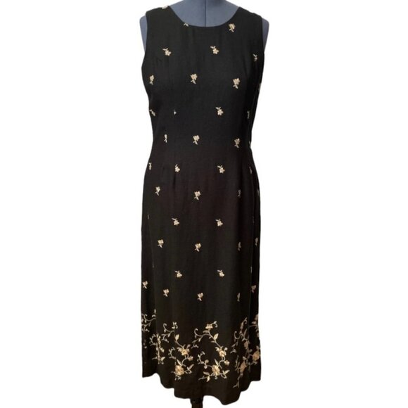 Vintage JACK MULQUEEN NY Women's Size 14 Black Linen Sheath Dress Tan Embroidery - Picture 1 of 8